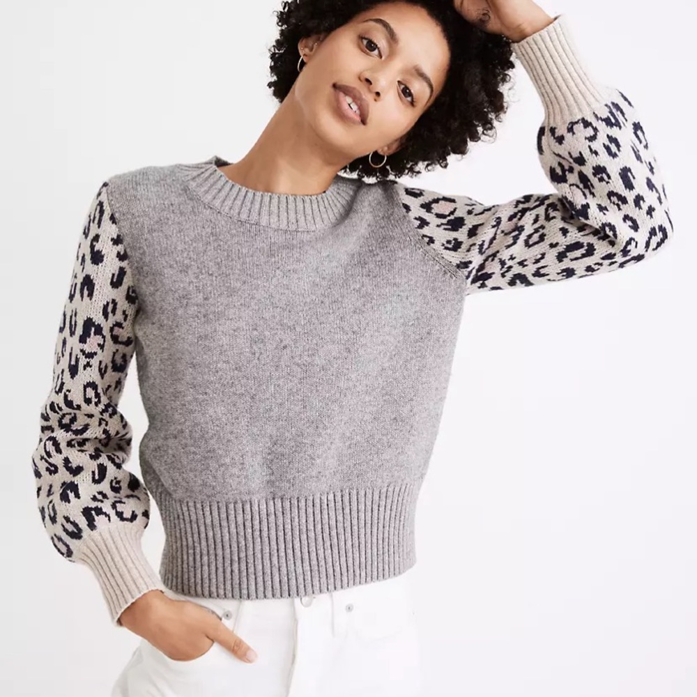 Madewell Leopard Sleeve Tensley Pullover Sweater